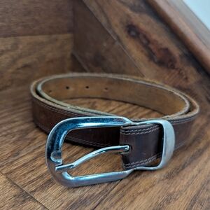 Vintage Brown leather Belt with a classic Silver oblong buckle Unisex Size S/M